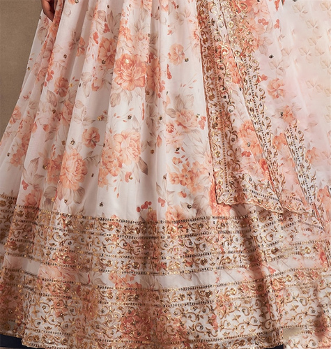 White & Peach-Coloured Embroidered Sequinned Shibori Semi-Stitched Lehenga & Unstitched Blouse With